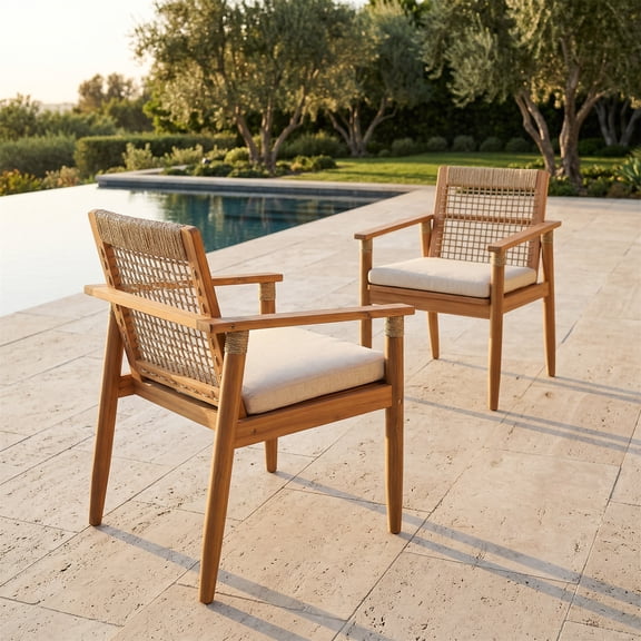 Dining Chairs Set of 2, Outdoor Acacia Wood Armchairs with Multi Brown Rope Design for Backyard, Light Teak and Beige