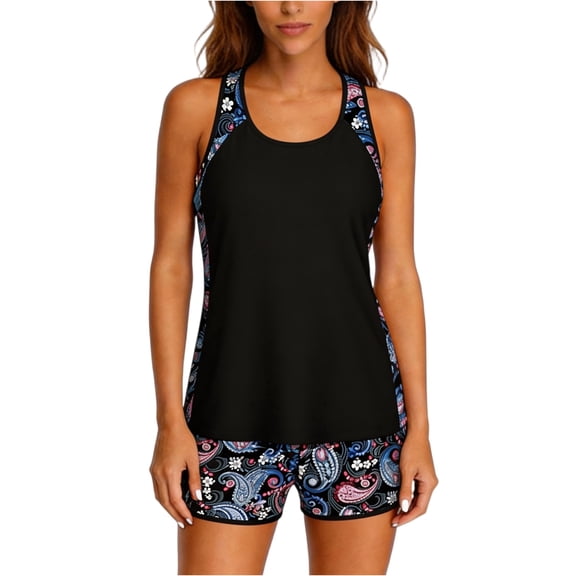 CIENVNSTG Two Piece Blouson Tankini Bathing Suit with Tummy Control Feature Sporty Pockets Baggy Swim Shorts for Womens Summer Water Activities Black XXL