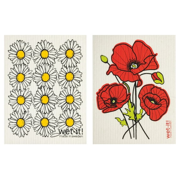 Wet-It! Swedish Treasures Dishcloth & Cleaning Cloth - Set of 2 - Daisies & Poppies - (Paper Towel Replacement)