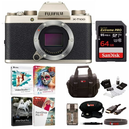 Fujifilm X-T100 Mirrorless Camera (Gold) with 64GB Card and Accessories