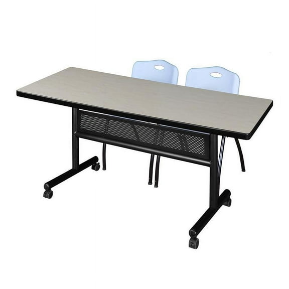 72" x 30" Flip Top Mobile Training Table w/ Divider- Maple & 2 Stack Chairs