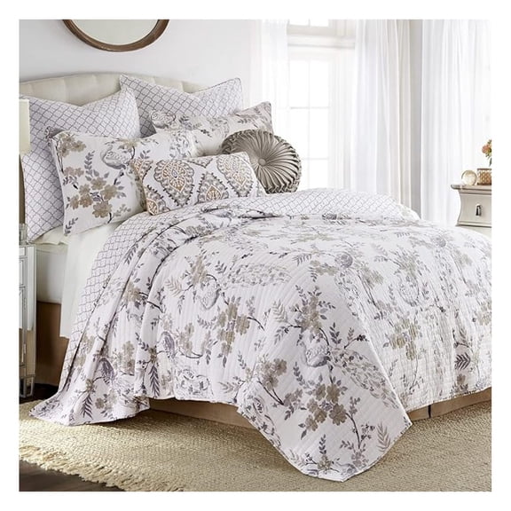 Pisa Reversible Full/Queen Quilt Set (88x92in) with 2 Pillow Shams (26x20in) - Floral Peacock - Grey, Taupe - 100% Cotton Full/Queen Size Quilt Bedding Set - Lightweight, Soft, Pre-Washed