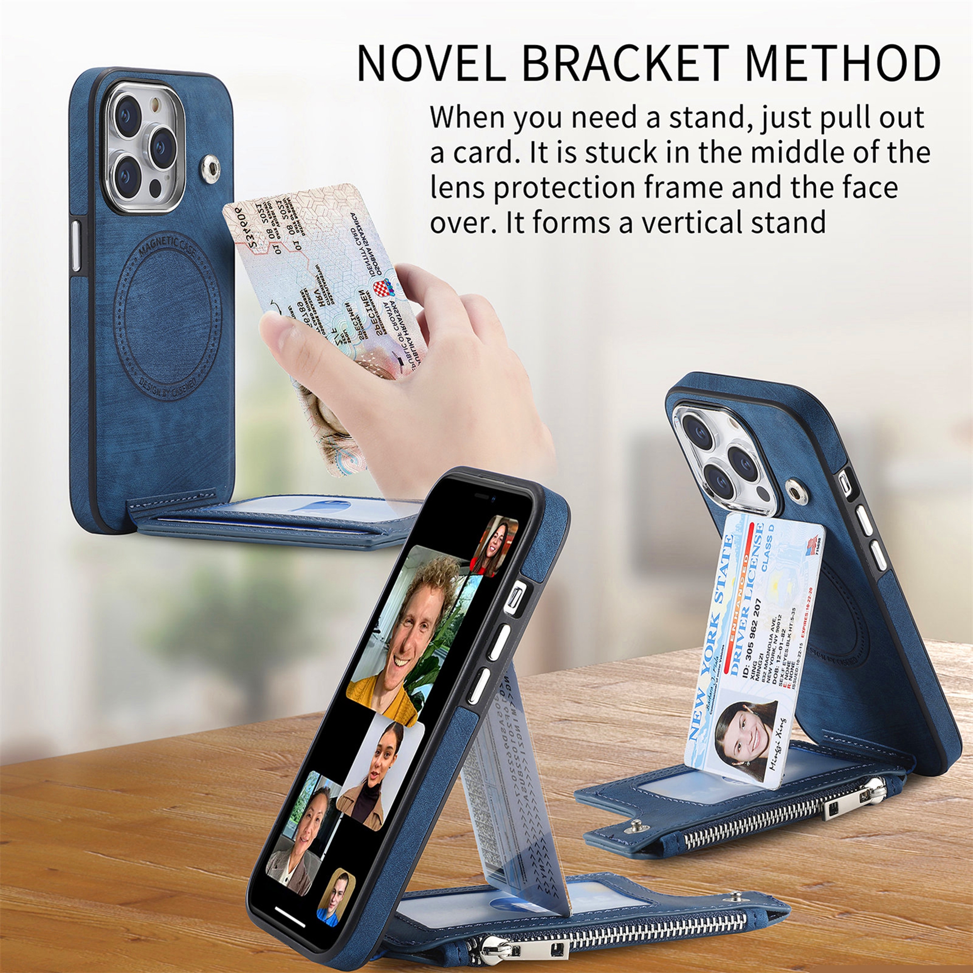 thumbnail image 6 of Dteck Wallet Case for iPhone 15 Plus Compatible with MagSafe Zipper Pocket Wallet PU Leather Flip Case with Credit Card Slots Holder Wireless Charging,Blue, 6 of 11