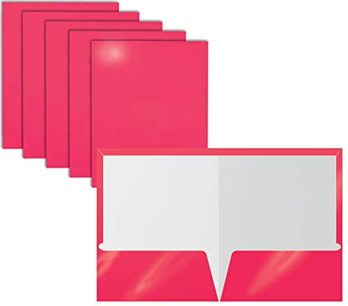 2 Pocket Glossy Laminated HOT Pink Paper Folders, Letter Size, 25 Pack, Hot Pink Paper Portfolios by Better Office Products, Box of 25 Hot Pink Folders