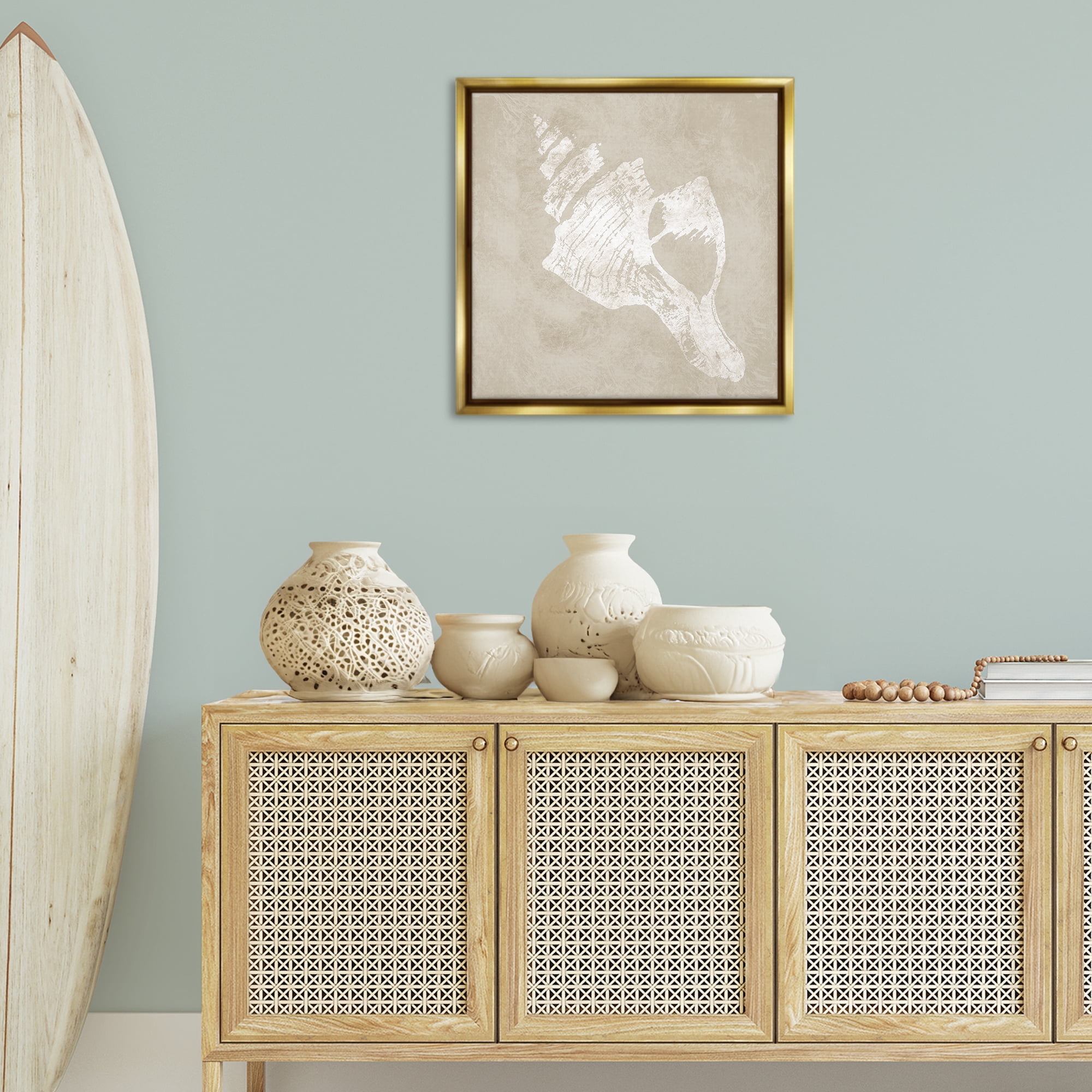 Stupell Industries Rustic Distressed Conch Nautical & Beach Painting Gold Floater Framed Canvas Art Print Wall Art, 25 x 25