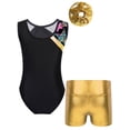 thumbnail image 2 of Doomiva Kids Girls Stylish Print Dance Unitards Sleeveless Color Block Bodysuit with Metallic Shorts Gold 4, 2 of 7