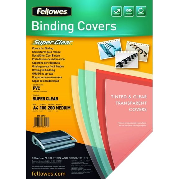Fellowes A4 Binding Covers, PVC 150 Micron, Clear, Pack of 100, 5376001