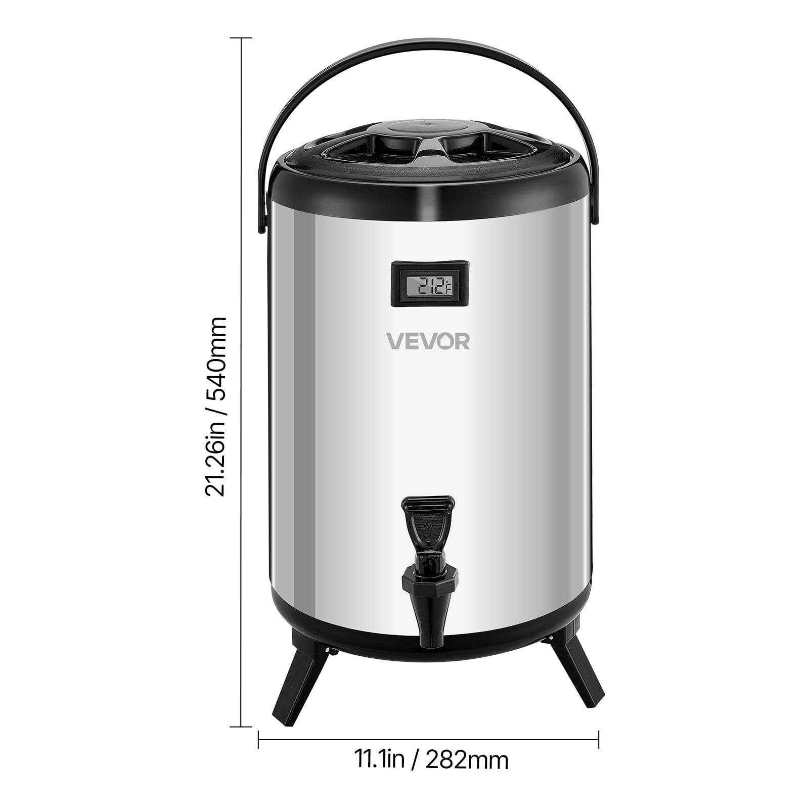 VEVOR Insulated Beverage Dispenser, 3.2 Gal/12L Stainless Steel Thermal Drink Server with Spigot & Temp Display, Suitable for Hot and Cold Drinks, for Tea Coffee Water in Cafes & Restaurants, Silver