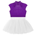 thumbnail image 3 of Alvivi Kids Girls Shiny Ballet Dance Outfits Gymnastic Shirt Crop Top and Tutu Skirt Bllerina Costume Purple&White 16, 3 of 5