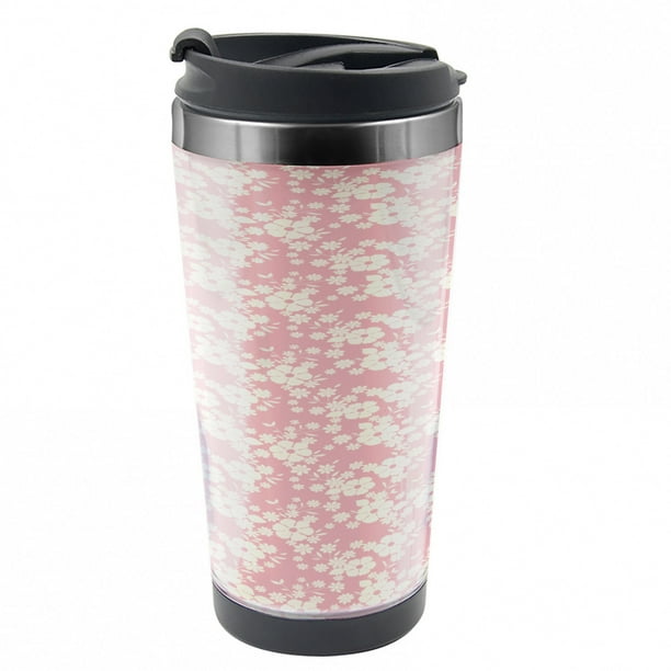 Flower Travel Mug, Floral Feminine Pattern Leaf, Steel Thermal Cup, 16