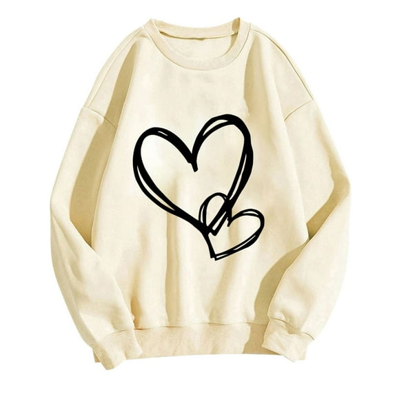 miqiqism Valentines Shirts for Women Cute Love Heart Print Sweatshirt Juniors Long Sleeve Tunic Tops Trendy Casual Crewneck Pullover Sweater Comfy Drop Shoulder Blouses,Beige,Large