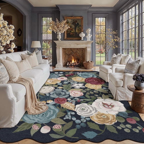 BERTHMEER 5'x7' Scalloped Area Rugs for Living Room Floral Vintage Rugs for Bedroom Farmhouse Non Slip Washable Navy Hand-Painted Watercolor Roses Carpets Blush Pink Dusty Blue Flower Throw Rugs