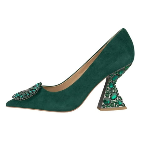 YDN Women Rhinestone Studded Buckle Pumps Slip On Crystal Chunky High Heels Closed Pointed Toe Office Shoes Size 10.5 Green