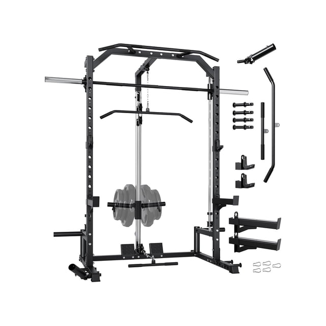 Smith Machine Power Rack – 1000 lb Heavy Duty – Home Gym – Lat Pulldown, Cable System, Landmine, J Hooks & Safety Arms – Plate Storage – Full Body Strength – Black