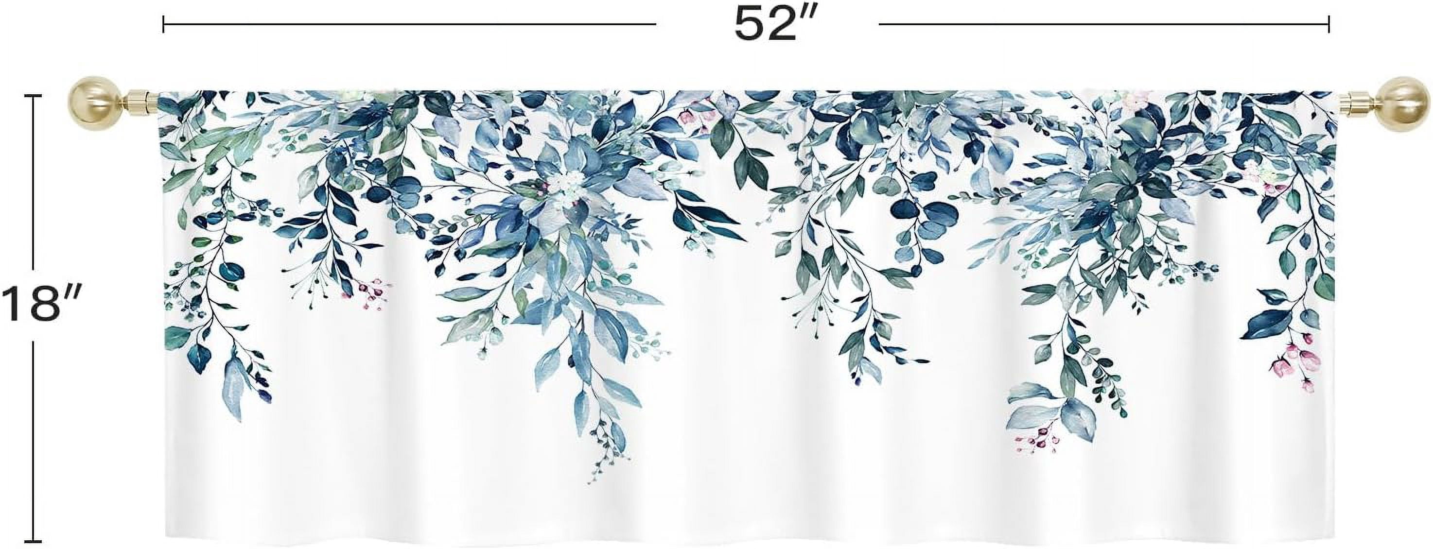 Green Kitchen Curtains Valances, Eucalyptus Leaves Pattern Semi Sheer Kitchen Valances for Living Room, Watercolor Botanical Rod Pocket Short Window Treatment Decor, 52x18