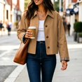 thumbnail image 6 of JUUNthy Women's Cropped Trench Jacket, Plaid Lined Button Front Lapel Collar Casual Fashion Outer Coat Army Green L, 6 of 12
