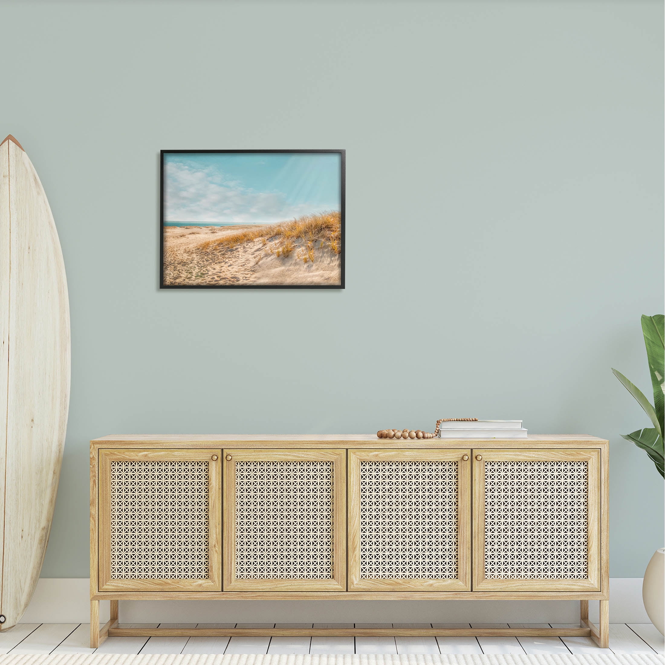 Sandy Ocean Beach Sun Rays Coastal Photograph Black Framed Art Print Wall Art