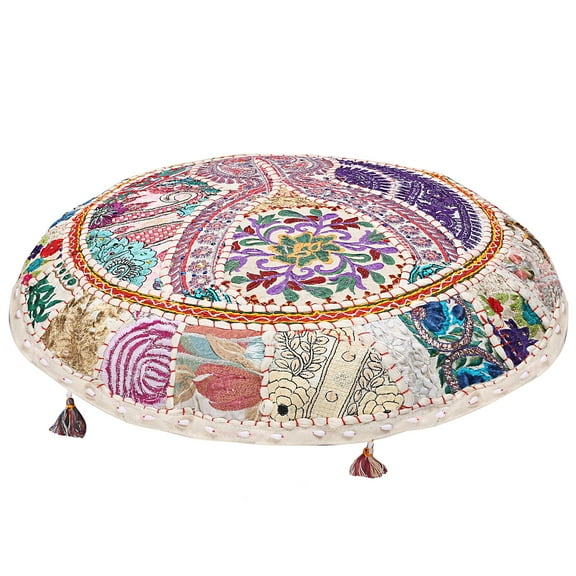Stylo Culture Indian Kids Floor Pillow Vintage Patchwork Cushion Cover White Oversized 40x40 Inch Decorative Round Decor Seating Tuffet Seat Pouf Cover Footstool Cotton Embroidered 1 Pc