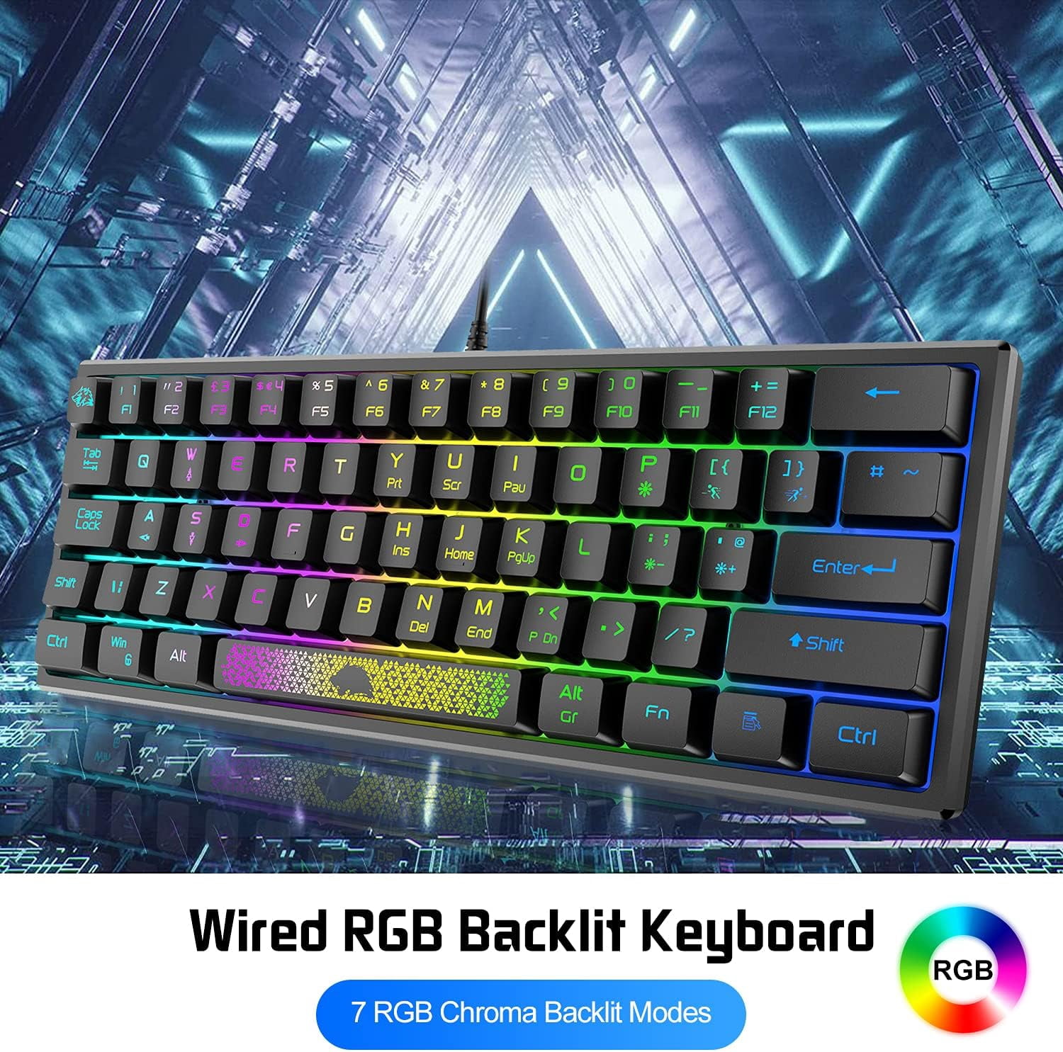 K61 UK Layout RGB 60% Gaming Keyboard Mouse Set Wired 62 Keys Mini Portable Keyboard 7 RGB LED Backlit 19 key Anti-ghosting + 2400 DPI Ultralight Gaming Mouse Ergonomic Honeycomb Shell +Mouse Pad