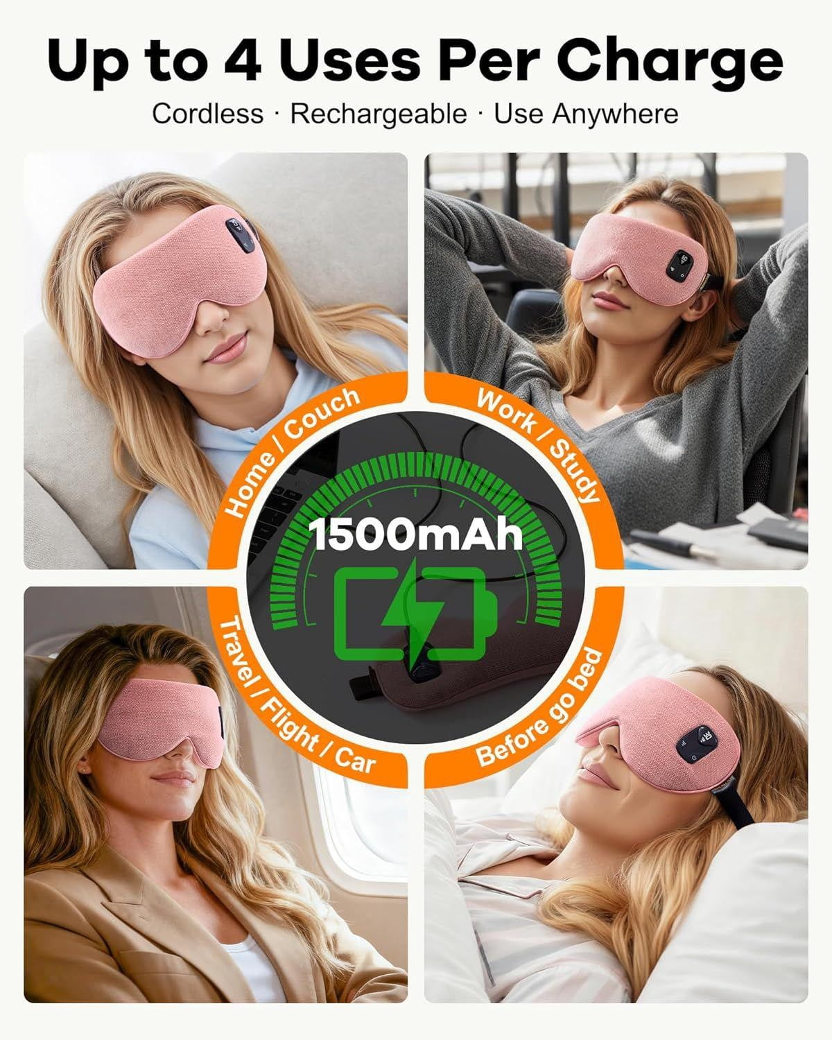 FACEMOON Cotton Linen Cordless Warm, Rechargeable Sleep Eye Mask for Dry Eyes Relief with Storage Pouch, Pink