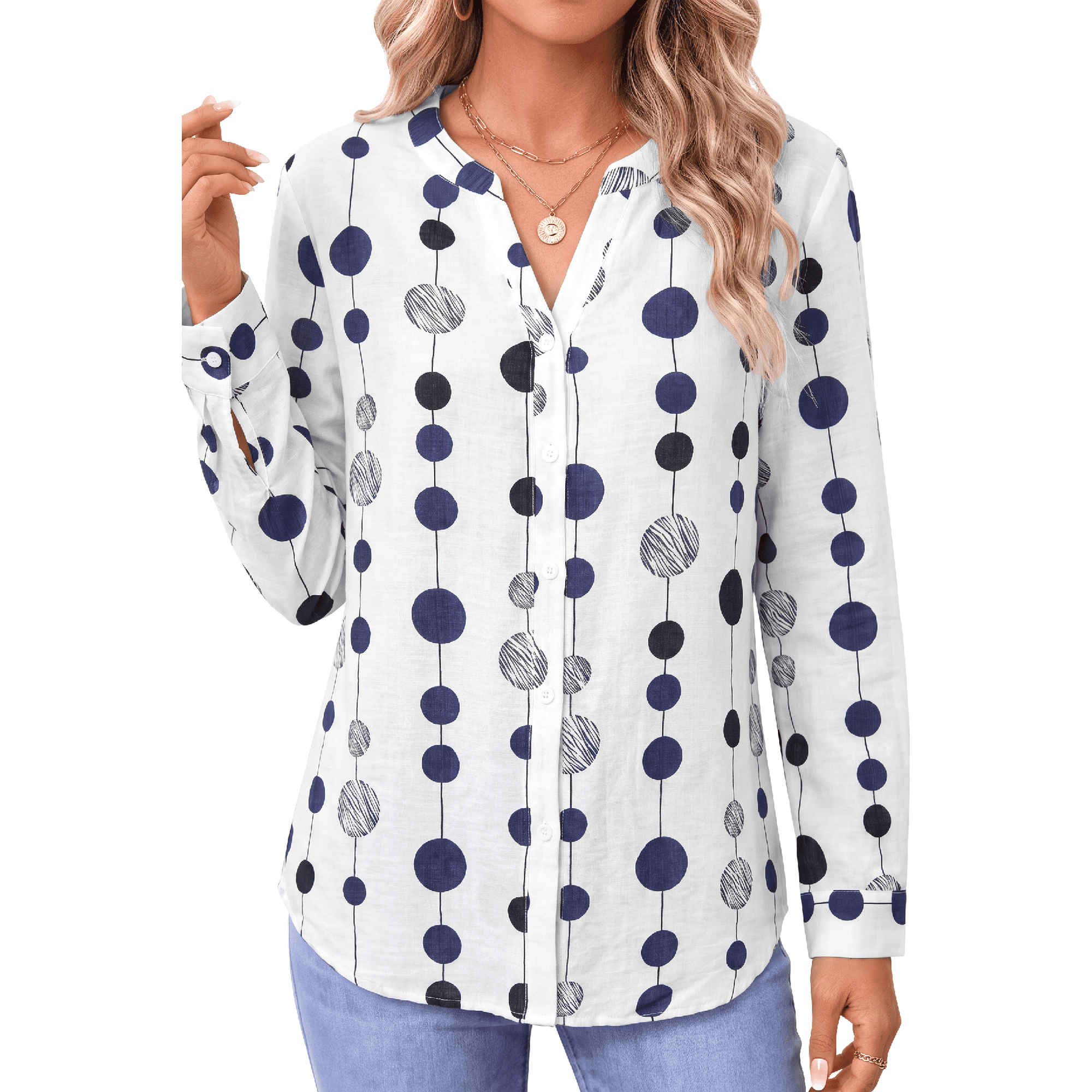 Fantaslook Womens Button Down Shirts V Neck Long Sleeve Shirt Printed Business Work Blouses Dressy Casual Fall Tops
