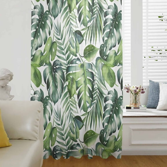 Tropical Semi Sheer Curtains Drapes for Living Room, Bedroom, French Doors Window 108 Inches Long, Green Palm Leaf Summer Plant Rod Pocket Chiffon Curtain Drapery Voile Draperies Panel