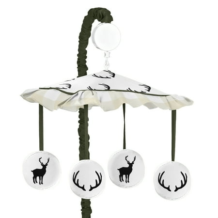 UPC: 0846480063605 | Sweet Jojo Designs Green and Beige Rustic Deer Buffalo Plaid Check Musical Baby Crib Mobile for Woodland Camo Collection