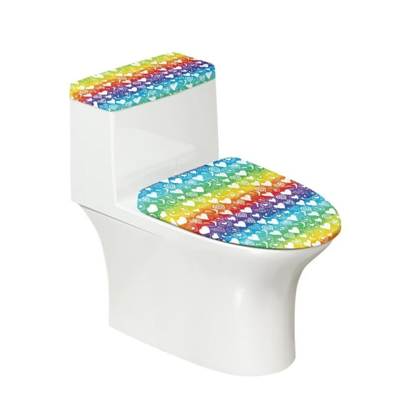 Renewold Valentine's Day Toilet Tank Cover Stretch Toilet Lid Dust Cover 2 Pieces Rainbow Stirpes Hearts Protective Cover Set Fit Most Round and Elongated Toilet