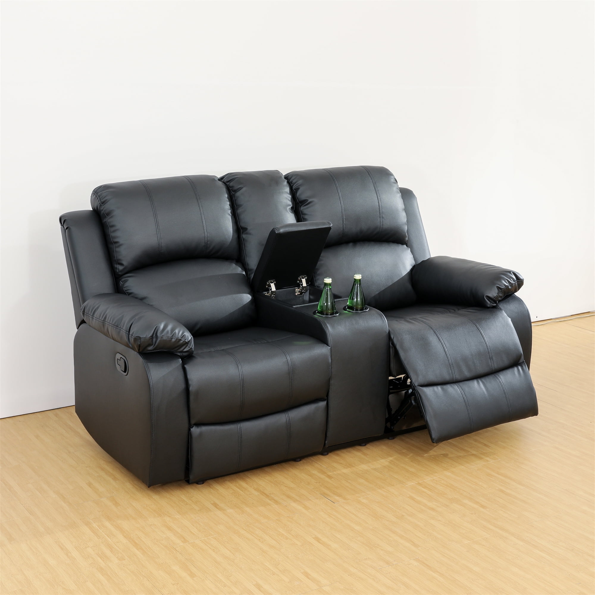 Aukfa Double Manual Recliner Chair, Overstuffed Loveseat with Cupholder for Living Room, Black