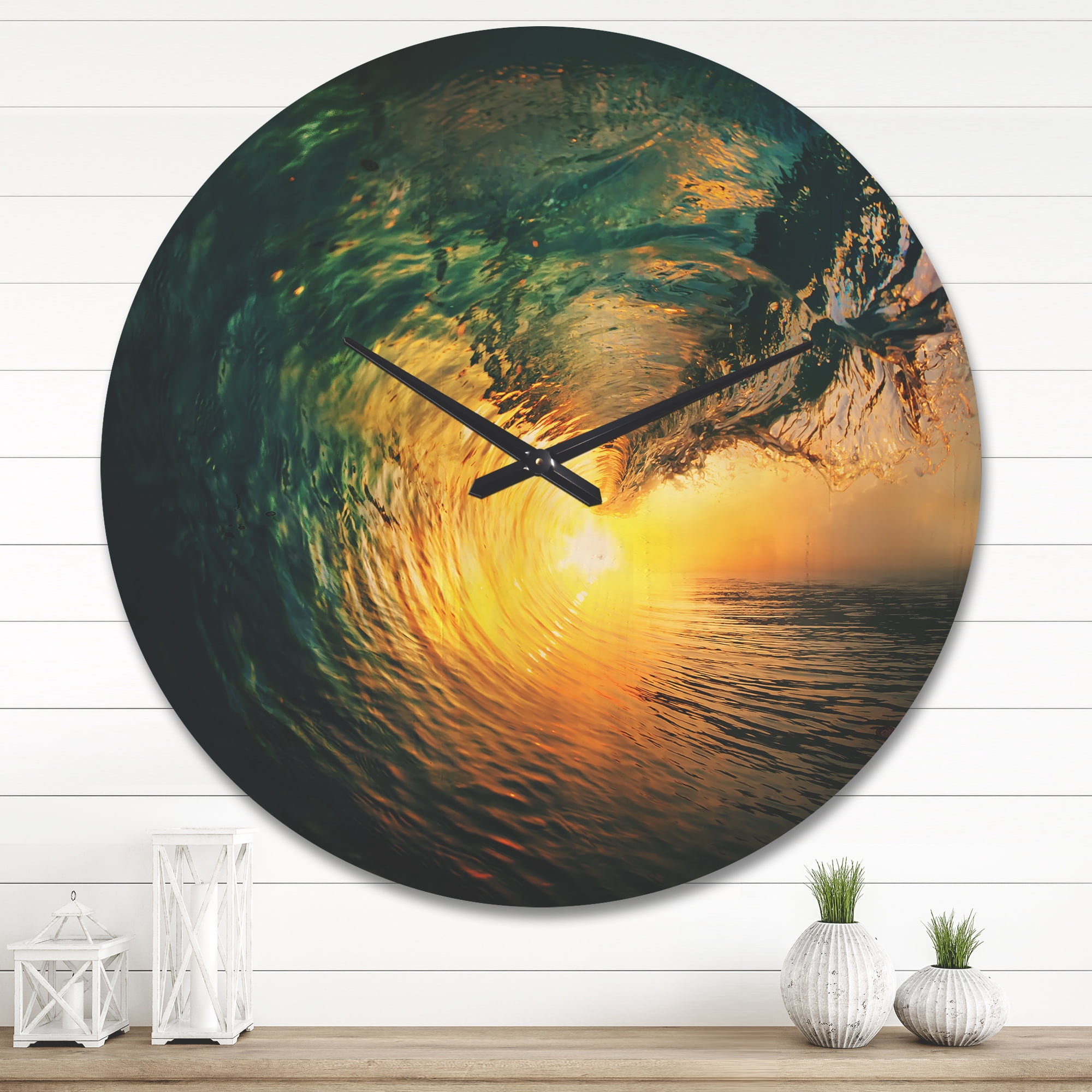 Designart 'Colored Ocean Waves Falling Down At Sunset VI' Coastal Wood Wall Clock
