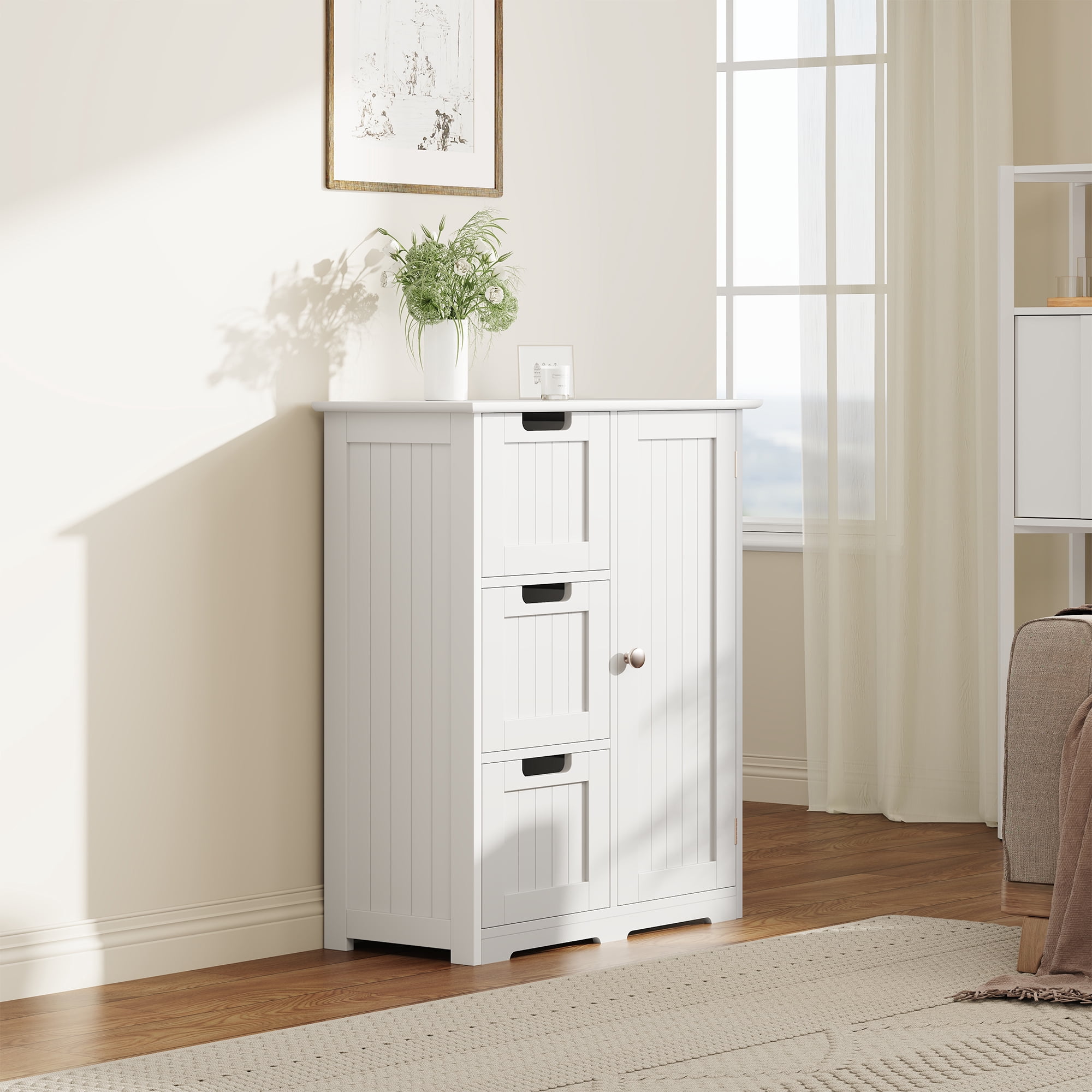 edx Bathroom Floor Cabinet, Wooden Storage Cabinet with 3 Drawers and a Cupboard, Freestanding Cupboard for Bathroom, Living Room, Office, White