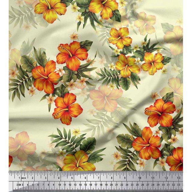 Soimoi Polyester Crepe Fabric Floral & Leaves Tropical Print Fabric by Yard 42 Inch Wide