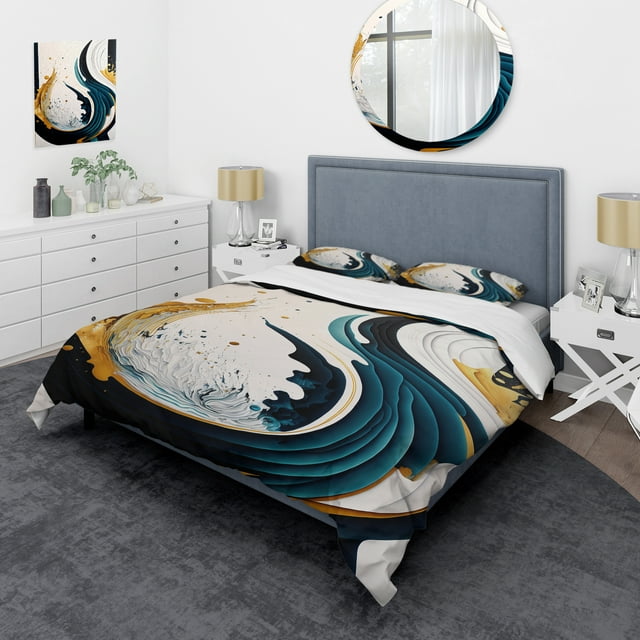 Designart "Abstract Fusion in Blue and Gold VI" Abstract Bedding Covert Set - Modern Blue Transitional Bed Set With 2 Shams