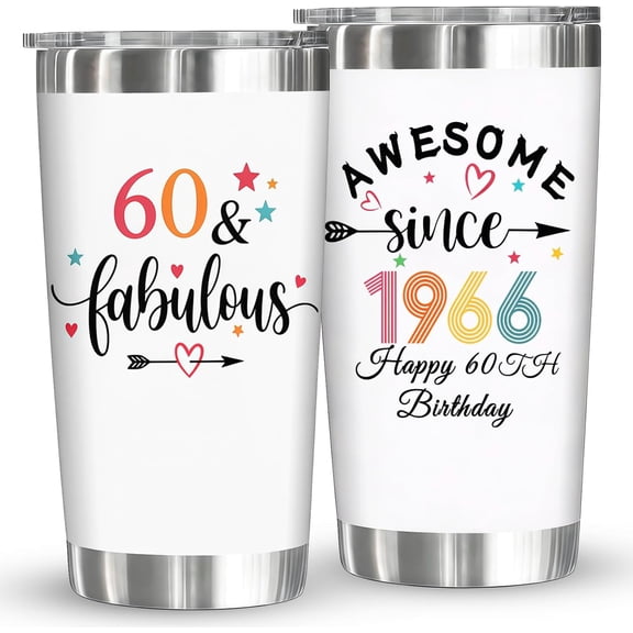 60th Birthday Gifts for Women Her - Happy 60 Year Old Gifts For Mom, Wife, Sister - Fabulous 60th Birthday Decorations for Woman - Awesome Since 1966 White 20 Oz Tumbler, Insulated Cup