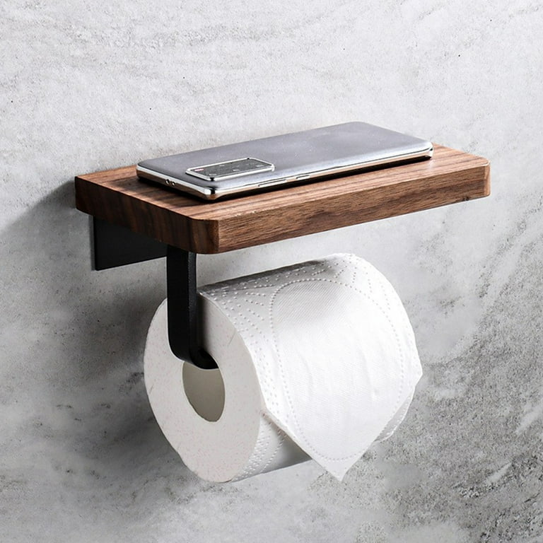 Toilet Paper Holder with Shelf Wall Mount, Rustic Toilet Paper Storage for  Wet Wipes, Wood Bathroom Shelves with Black 304 Stainless Steel Hook