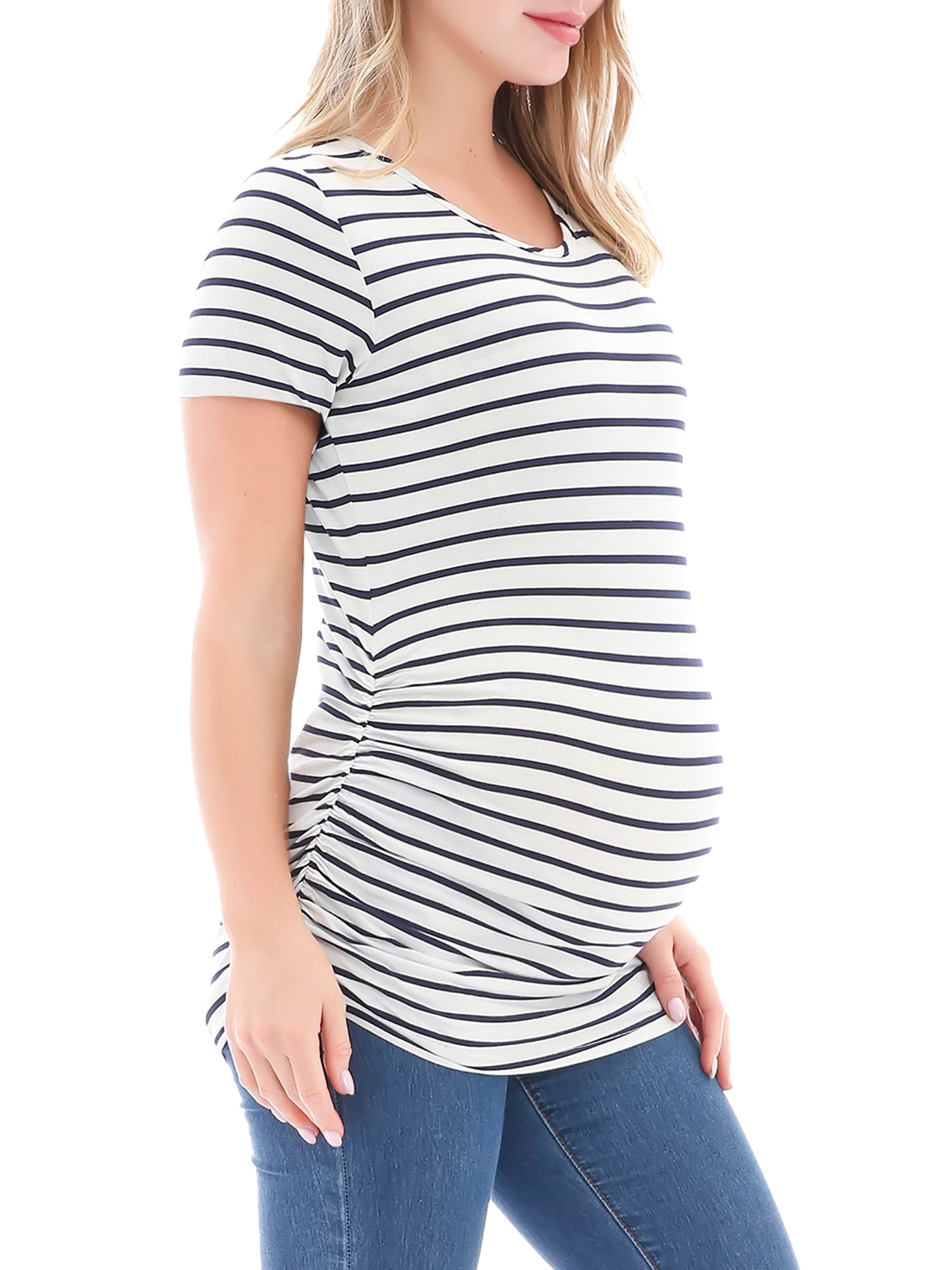 Smallshow Women's Short Sleeve Maternity T Shirts Side Ruched Pregnancy Tunic 3-Pack