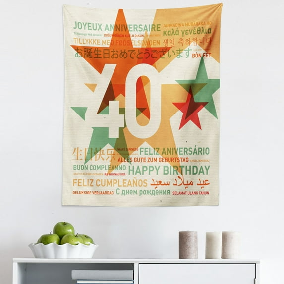 40th Birthday Tapestry, Happy Birthday from All over the World in Different Languages Retro Style, Fabric Wall Hanging Decor for Bedroom Living Room Dorm, 5 Sizes, Multicolor, by Ambesonne