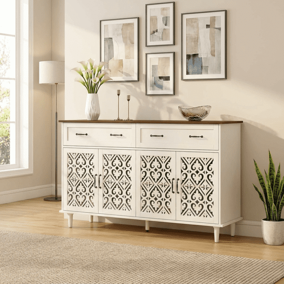 MINESTIA 59" Accent Cabinet with 4 Doors, Vintage Hollow Carving Sideboard Buffet Cabinet with Adjustable Shelves Credenza for Living Room, Kitchen, Dining Room