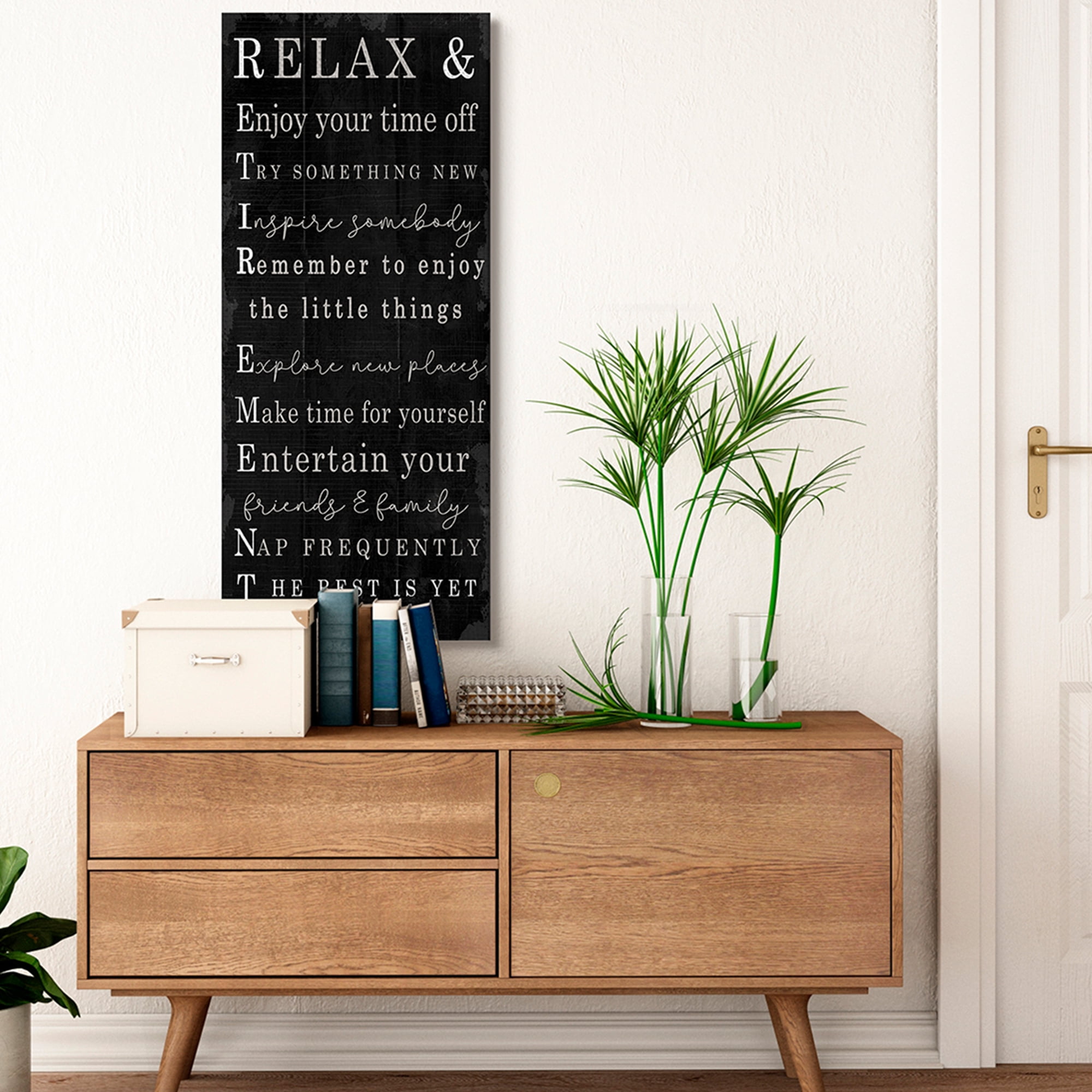 Stupell Industries Relaxed Retirement Phrases Black Distressed Pattern Inspirational Painting Gallery Wrapped Canvas Art Print Wall Art, 20 x 48
