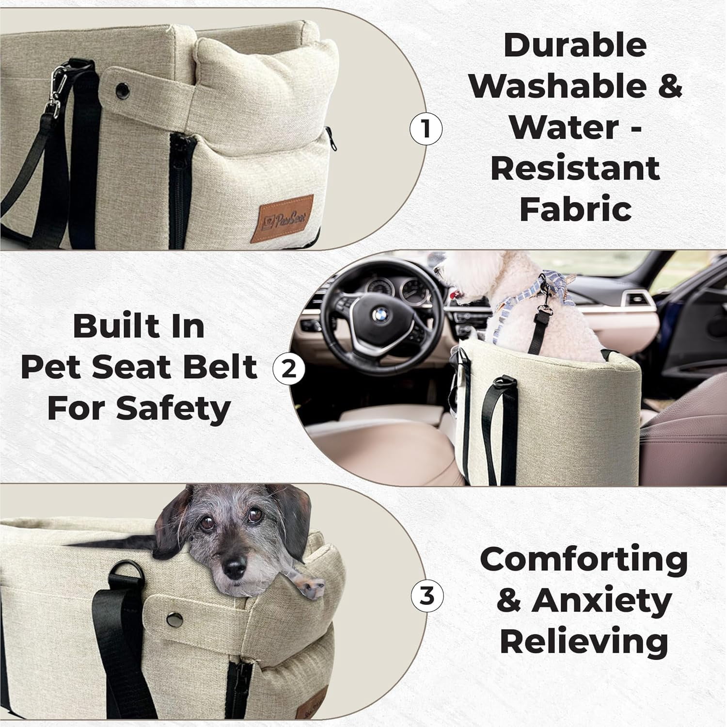 Center Console Dog Car  for Small Dogs 5-13Lbs with Safety Belt and Storage Pockets - Beige Woven