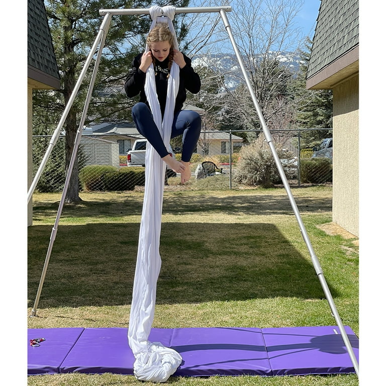 Kojem 97/2.46m Aerial Trapeze Stand Yoga Frame Portable Rig Yoga Swing Bar  551 LBS/250KG Indoor Outdoor Aluminum ＆ Nylon with 39Ft/11.8m Aerial White