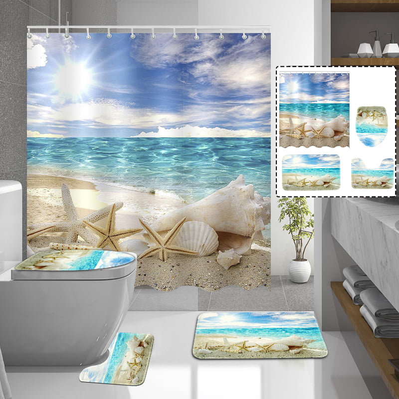Sea Beach Starfish Bath Mat Toilet Cover Rugs Shower Curtain Bathroom Decor 