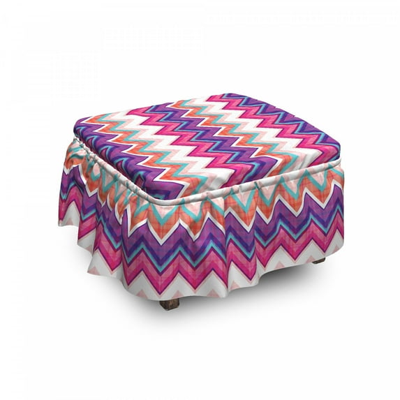 Chevron Ottoman Cover, Colorful Groovy Art, 2 Piece Slipcover Set with Ruffle Skirt for Square Round Cube Footstool Decorative Home Accent, Standard Size, Multicolor, by Ambesonne