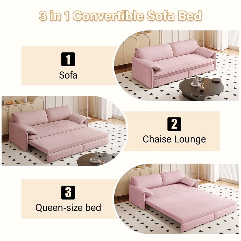 Convertible Queen Size Pull Out Sofa Bed, 3-in-1 Velvet Sleeper Sofa with Side Pocket, Modern 63.8'' Futon Couch for Living Room, Apartment
