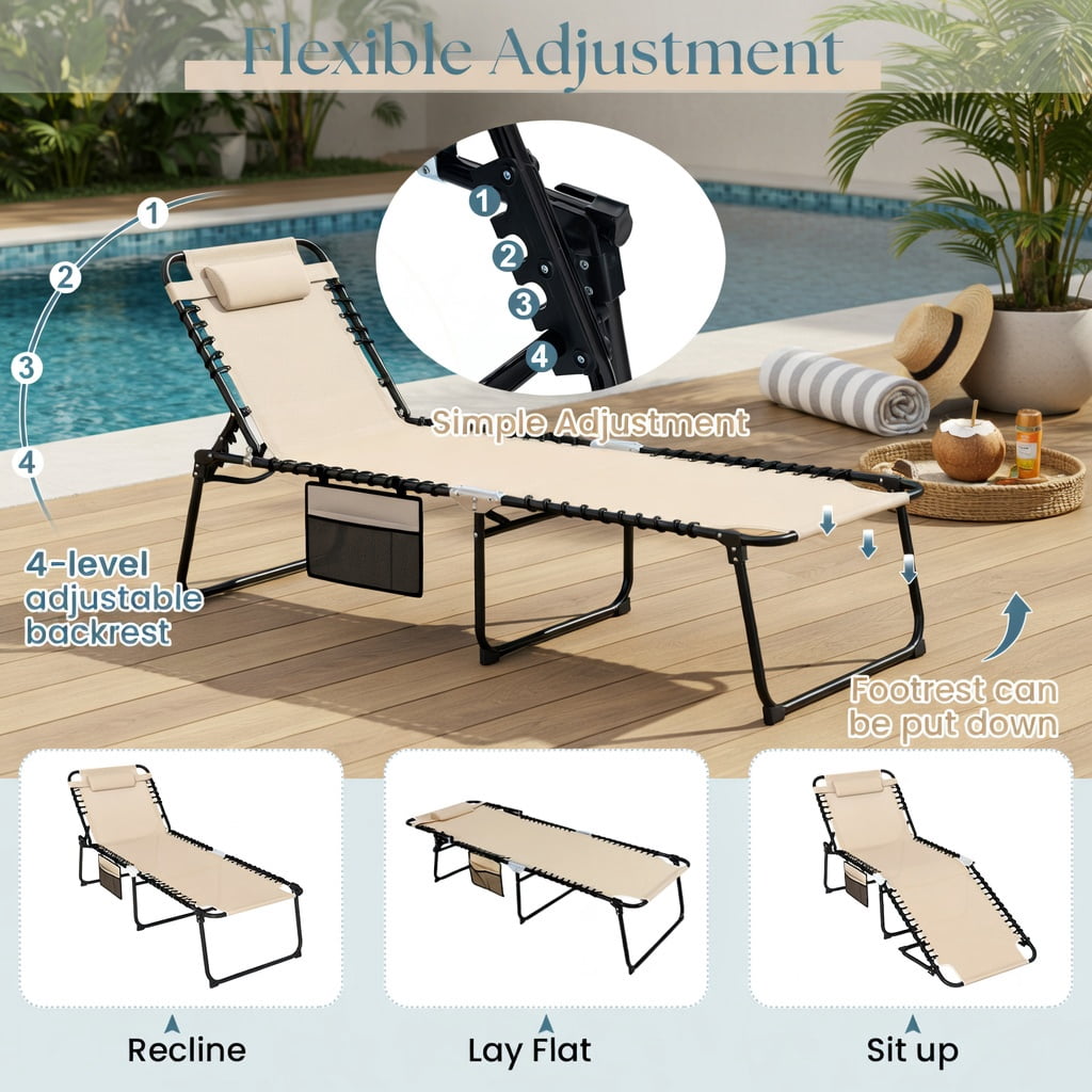 Hommoo 4-Position Adjustable Folding Lounge Chair, Chaise with Removable Headrest, Heavy-Duty Steel Frame, Perfect for Poolside, Backyard & Camping, Beige