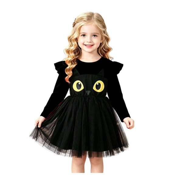 JHOKCI Toddler Girls Halloween Dress Long Sleeve Cat Tutu Princess Outfit