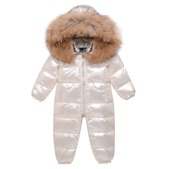 AINIYS Kids Metallic Snowsuit with Faux Fur Hooded Neckline, Zip Closure, Warm Design Children's Clothing for Winter & Outdoor Wear Beige 2 Years