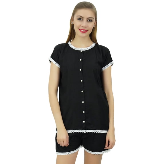 Bimba Womens Black Buttondown Lace Pj Set Rayon Night Shirt Shorts Set Dress-14