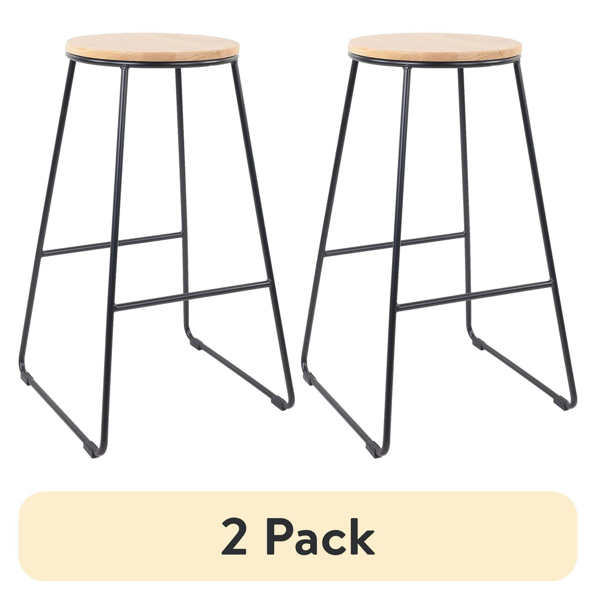 (2 pack) Mainstays 28 in Backless Bar Stool, Black Steel Base with Natural Rubberwood Seat