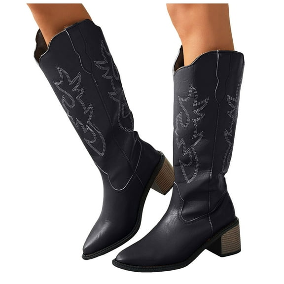 Wide Calf Knee High Cowboy Cowgirl Boots for Women Roman Casual Leather Pointed Stacked Mid Heel Western Riding Tall Boots Black Size 6